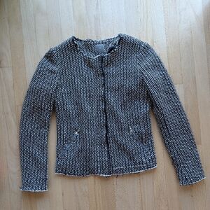 GAP Collarless Jacket With Raw Edge Black and White And Cream Tweed (Size 0)
